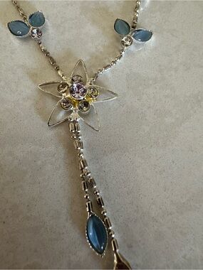 Silver Floral Drop Necklace with Blue and Lavender Stones